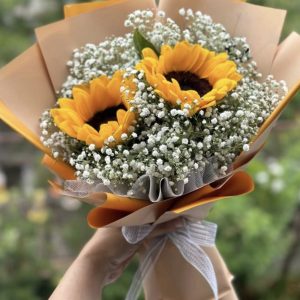 Dúo de girasoles con gypsophilia